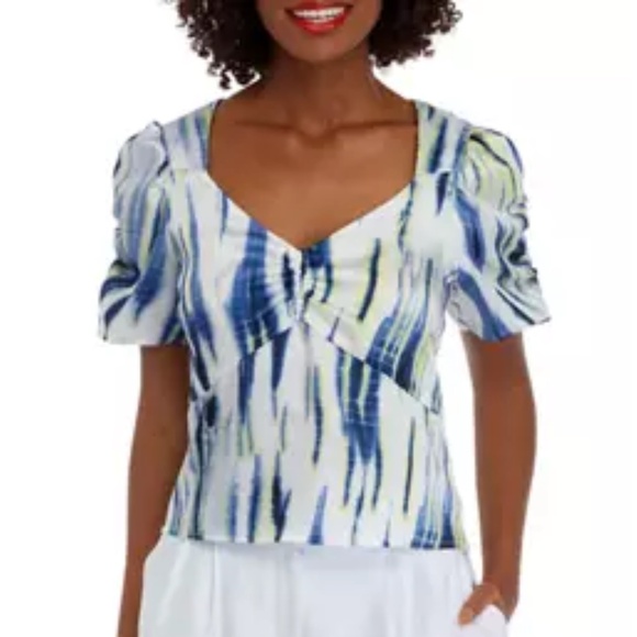 DKNY Women's Short Puff Sleeve Ruched Tie Dye Blouse Top Size XL - Picture 1 of 15
